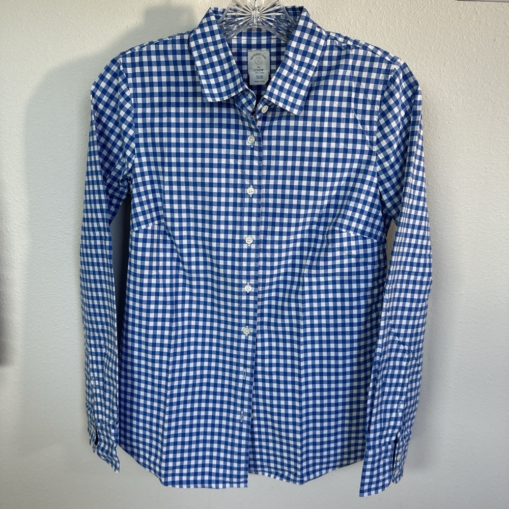J. Crew White and Blue Checkered Gingham Women's Button Down Shirt
